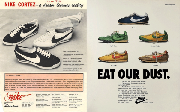 פרסומות של נייקי לקורטז: מימין: מבחר נעלי הריצה של נייקי 1977, משמאל: קורטז 1973