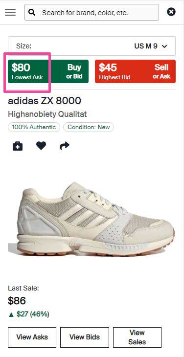 ה-adidas ZX 8000 Highsnobiety Qualitat הושקה במחיר ריטייל של 140 דולר, נמכרת כרגע בארץ במחיר של 599 ש"ח ועולה בסטוק אקס 80 דולר